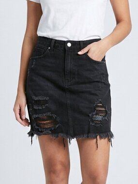 SMALL denim black mini skirt. Faded Distressed Frayed hem w/ pockets. Summer